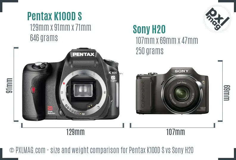 Pentax K100D S vs Sony H20 size comparison