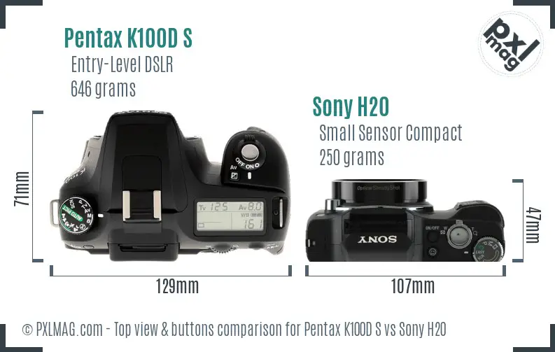 Pentax K100D S vs Sony H20 top view buttons comparison