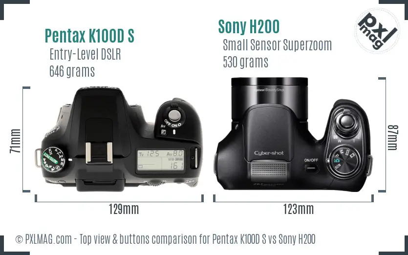 Pentax K100D S vs Sony H200 top view buttons comparison