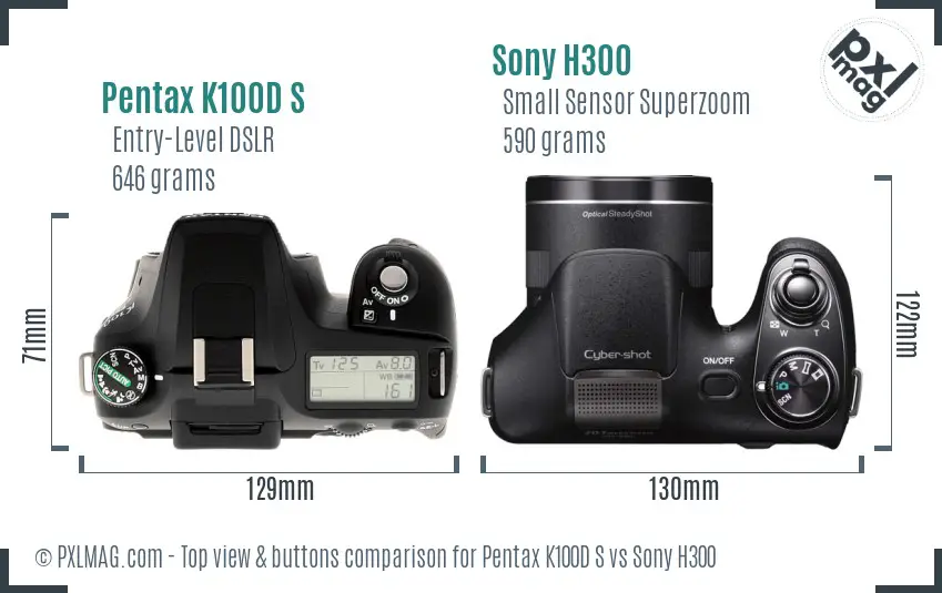 Pentax K100D S vs Sony H300 top view buttons comparison