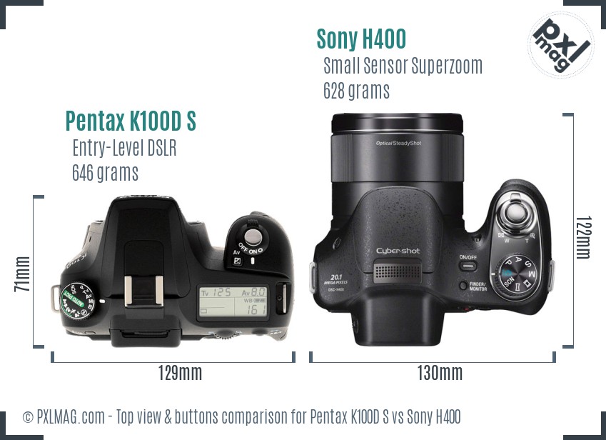 Pentax K100D S vs Sony H400 top view buttons comparison