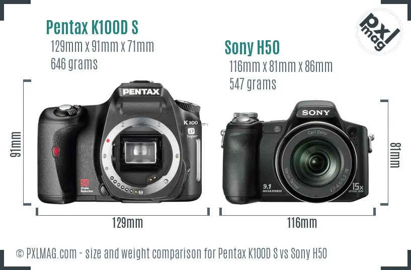 Pentax K100D S vs Sony H50 size comparison