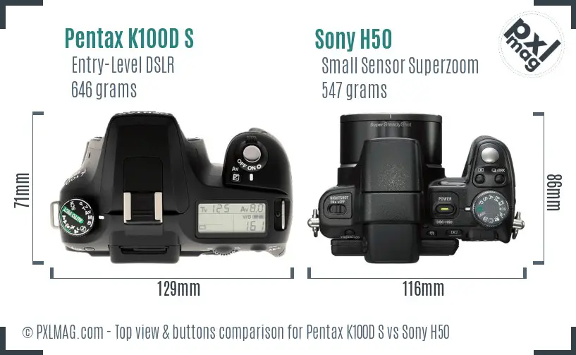 Pentax K100D S vs Sony H50 top view buttons comparison