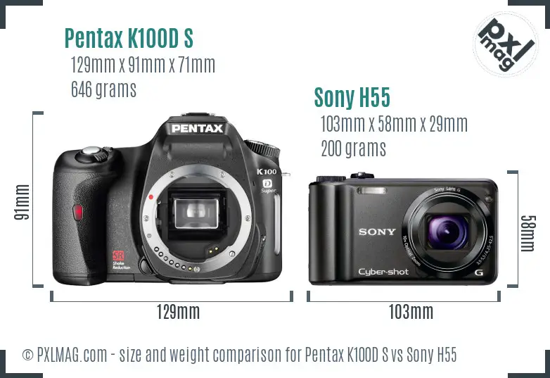 Pentax K100D S vs Sony H55 size comparison