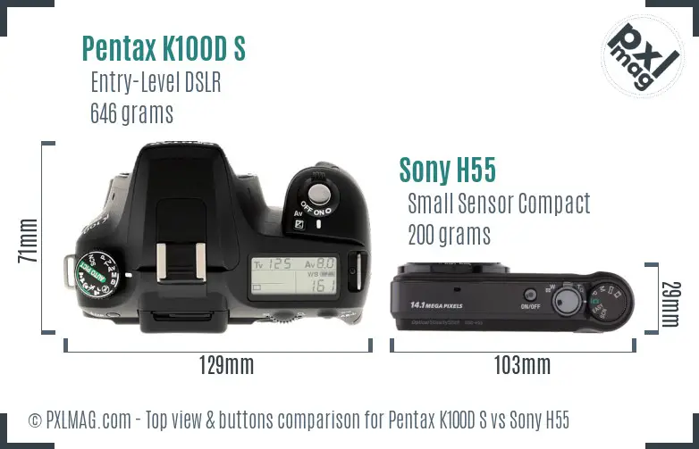 Pentax K100D S vs Sony H55 top view buttons comparison