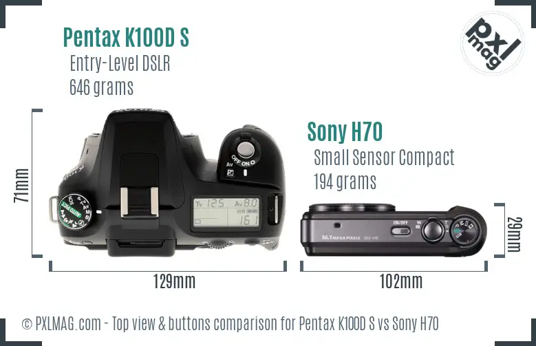 Pentax K100D S vs Sony H70 top view buttons comparison