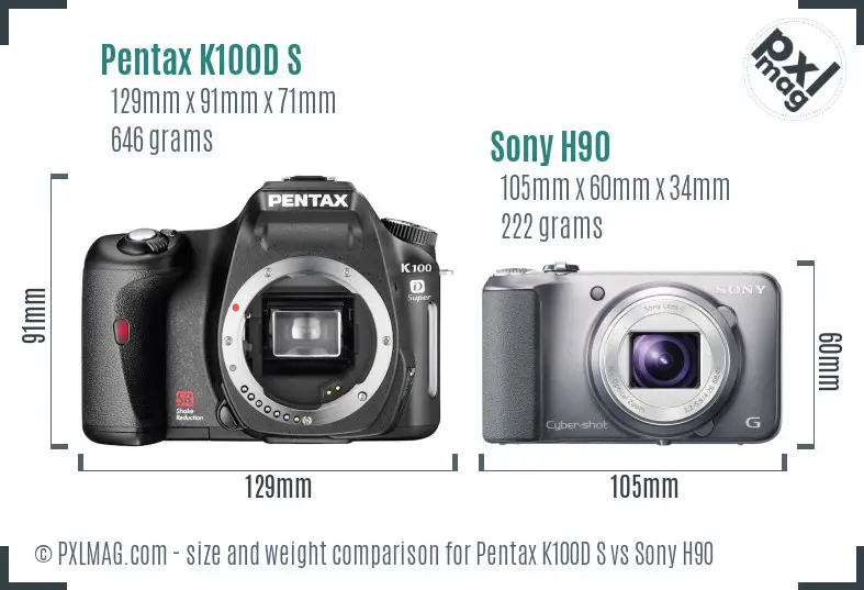 Pentax K100D S vs Sony H90 size comparison