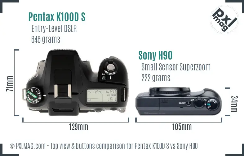 Pentax K100D S vs Sony H90 top view buttons comparison