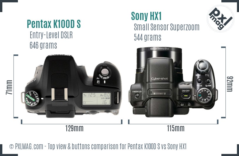 Pentax K100D S vs Sony HX1 top view buttons comparison