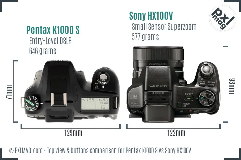 Pentax K100D S vs Sony HX100V top view buttons comparison