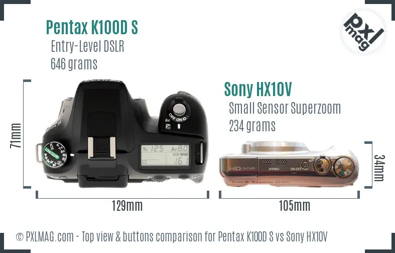Pentax K100D S vs Sony HX10V top view buttons comparison Pentax K100D S vs Sony HX10V top view buttons comparison