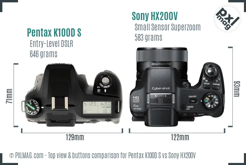 Pentax K100D S vs Sony HX200V top view buttons comparison