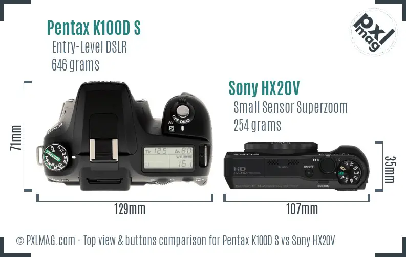 Pentax K100D S vs Sony HX20V top view buttons comparison Pentax K100D S vs Sony HX20V top view buttons comparison