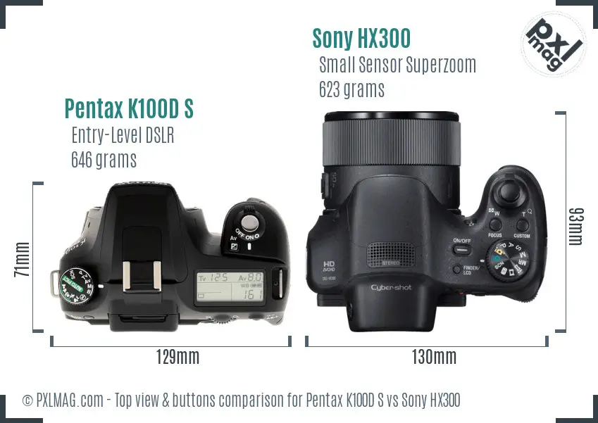 Pentax K100D S vs Sony HX300 top view buttons comparison