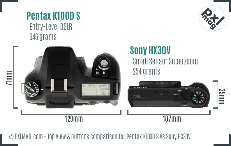 Pentax K100D S vs Sony HX30V top view buttons comparison