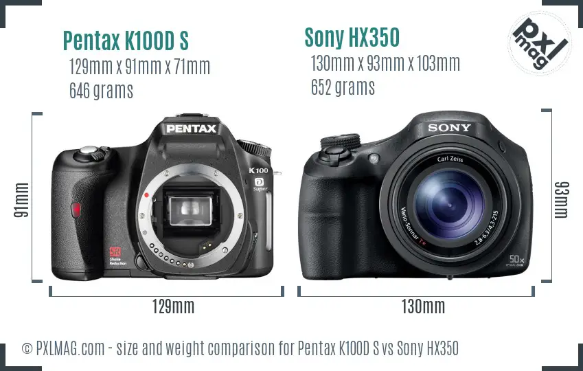 Pentax K100D S vs Sony HX350 size comparison