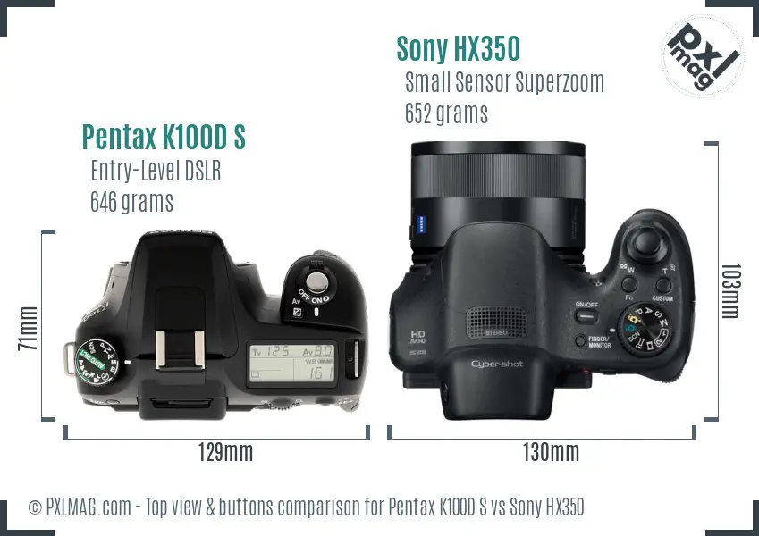 Pentax K100D S vs Sony HX350 top view buttons comparison