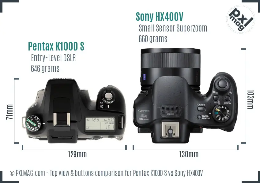 Pentax K100D S vs Sony HX400V top view buttons comparison