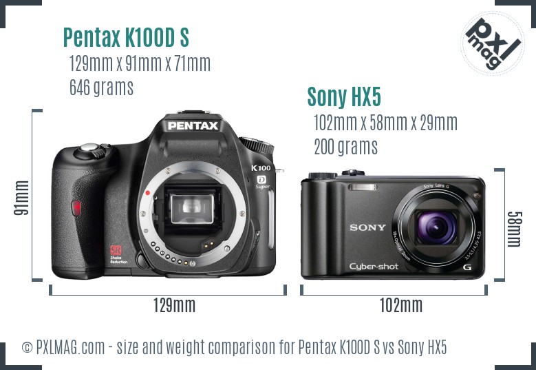 Pentax K100D S vs Sony HX5 size comparison Pentax K100D S vs Sony HX5 size comparison