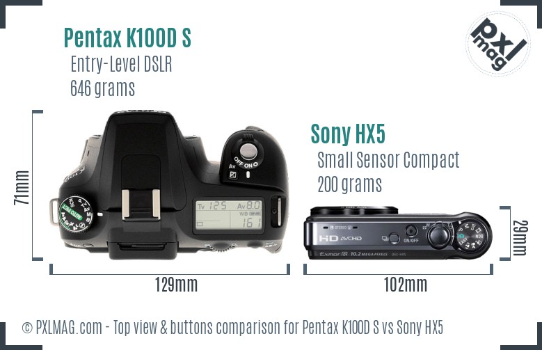 Pentax K100D S vs Sony HX5 top view buttons comparison