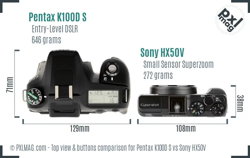 Pentax K100D S vs Sony HX50V top view buttons comparison