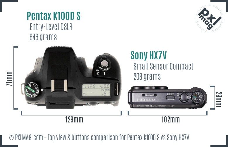 Pentax K100D S vs Sony HX7V top view buttons comparison