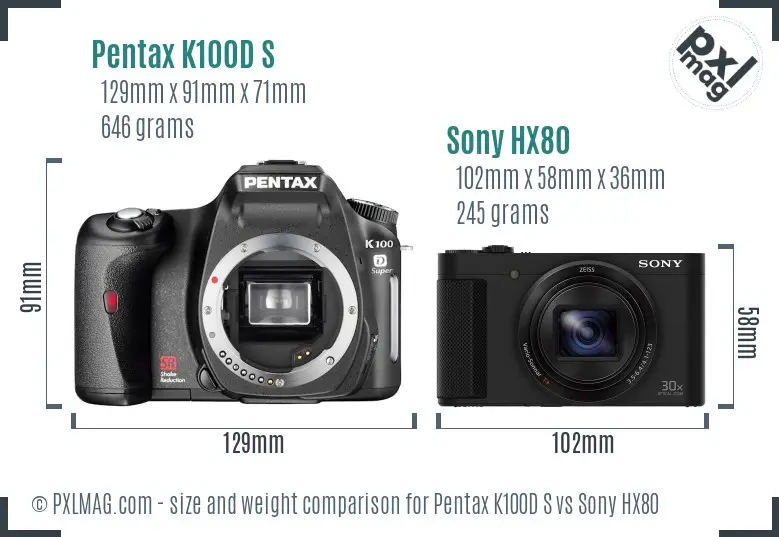 Pentax K100D S vs Sony HX80 size comparison