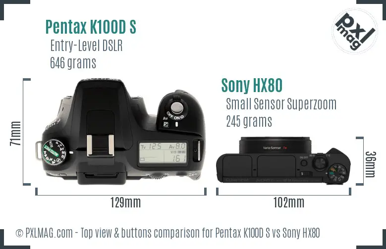 Pentax K100D S vs Sony HX80 top view buttons comparison