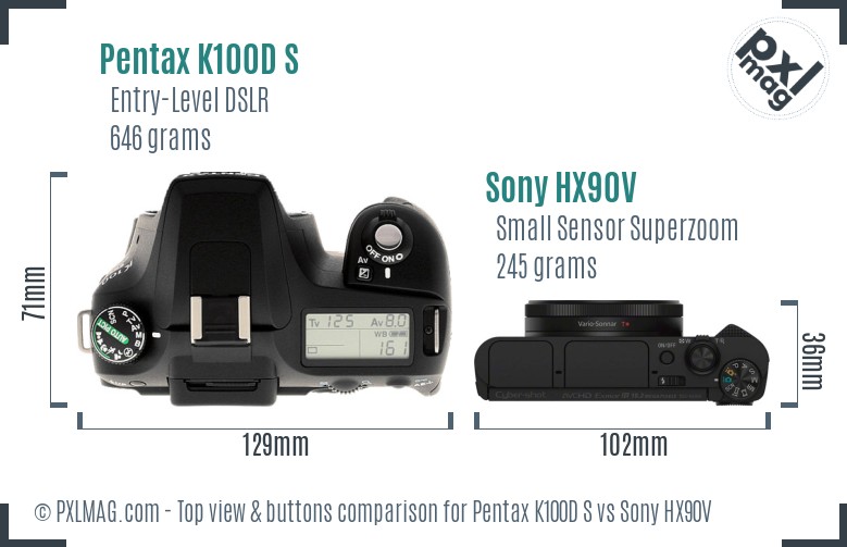 Pentax K100D S vs Sony HX90V top view buttons comparison