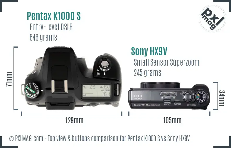 Pentax K100D S vs Sony HX9V top view buttons comparison