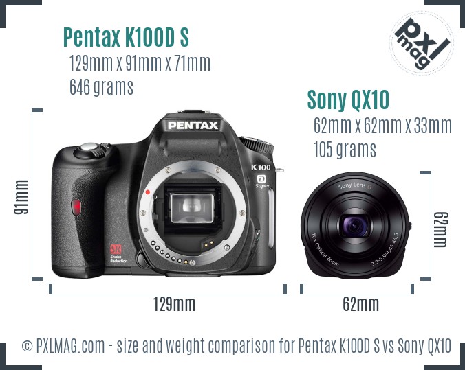 Pentax K100D S vs Sony QX10 size comparison