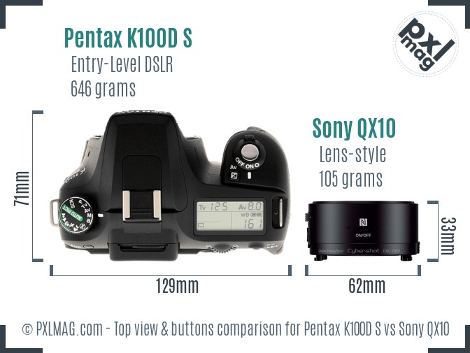 Pentax K100D S vs Sony QX10 top view buttons comparison