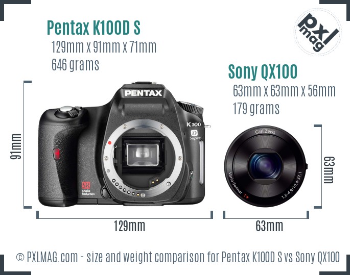 Pentax K100D S vs Sony QX100 size comparison