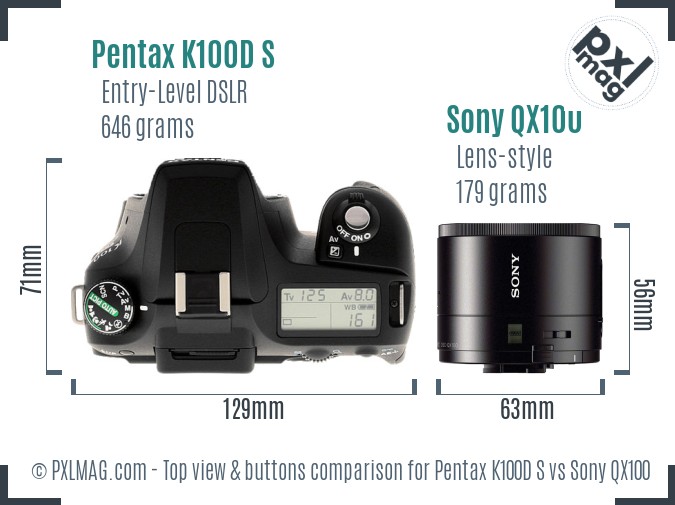 Pentax K100D S vs Sony QX100 top view buttons comparison