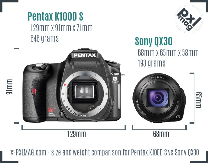 Pentax K100D S vs Sony QX30 size comparison