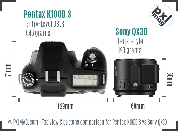 Pentax K100D S vs Sony QX30 top view buttons comparison