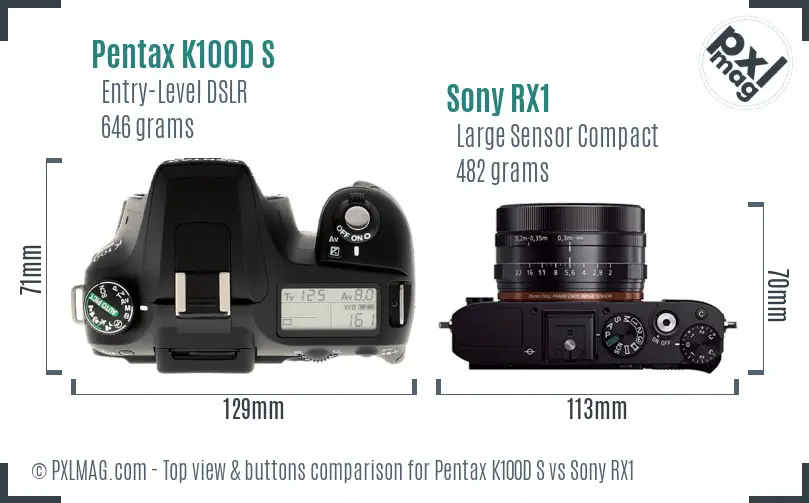 Pentax K100D S vs Sony RX1 top view buttons comparison Pentax K100D S vs Sony RX1 top view buttons comparison