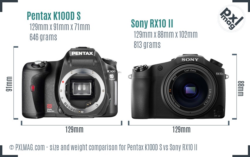Pentax K100D S vs Sony RX10 II size comparison