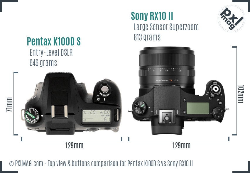 Pentax K100D S vs Sony RX10 II top view buttons comparison