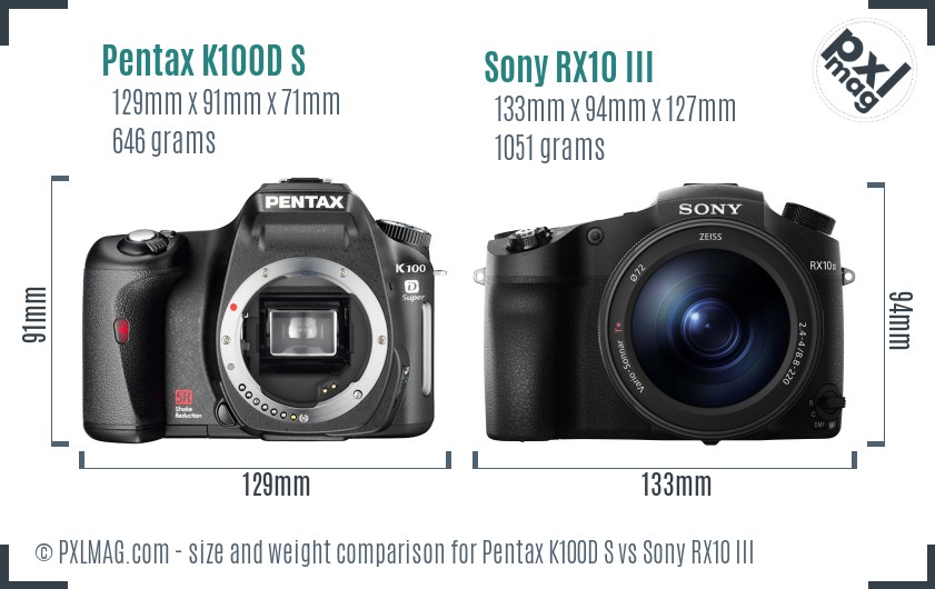 Pentax K100D S vs Sony RX10 III size comparison