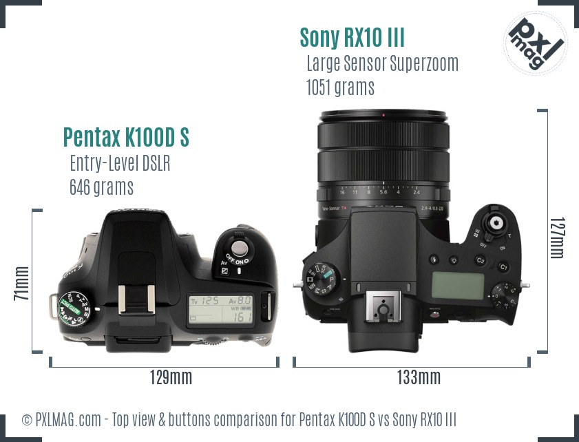 Pentax K100D S vs Sony RX10 III top view buttons comparison