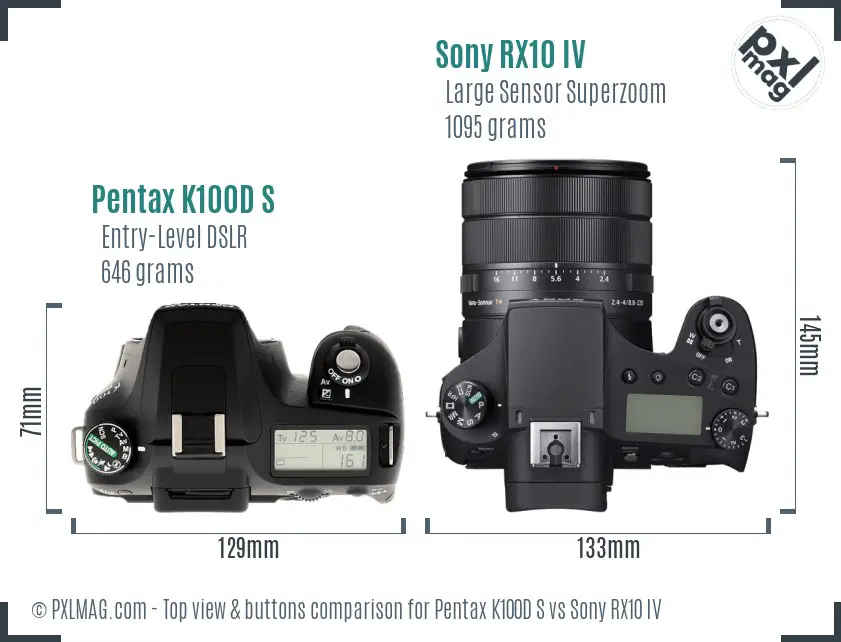 Pentax K100D S vs Sony RX10 IV top view buttons comparison Pentax K100D S vs Sony RX10 IV top view buttons comparison