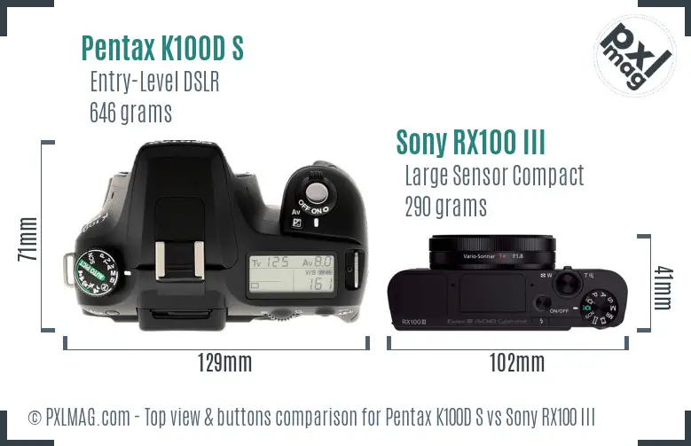 Pentax K100D S vs Sony RX100 III top view buttons comparison