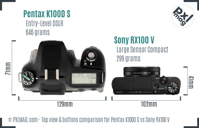 Pentax K100D S vs Sony RX100 V top view buttons comparison