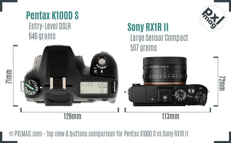 Pentax K100D S vs Sony RX1R II top view buttons comparison Pentax K100D S vs Sony RX1R II top view buttons comparison