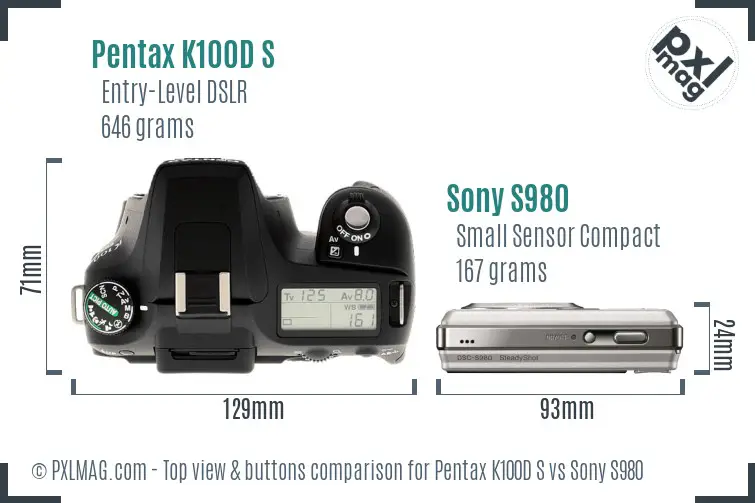 Pentax K100D S vs Sony S980 top view buttons comparison