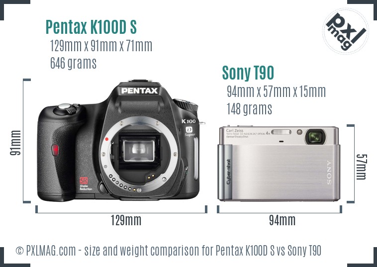 Pentax K100D S vs Sony T90 size comparison
