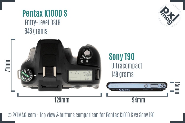 Pentax K100D S vs Sony T90 top view buttons comparison