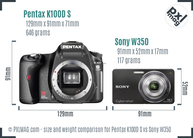 Pentax K100D S vs Sony W350 size comparison