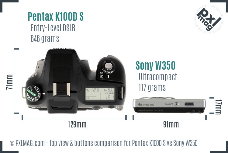 Pentax K100D S vs Sony W350 top view buttons comparison